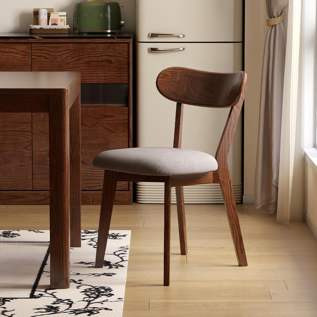 100% Solid Wood Upholstered Dining Chairs, Mid Century Modern Oak Dining Chairs with Curved Back Design with