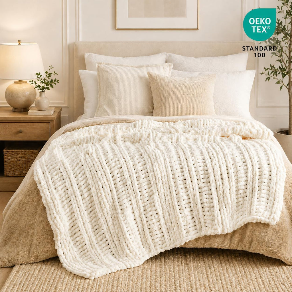 Chunky Knit Throw Blanket, Hand Made Chenille Throw Blanket, Super Soft Warm Cozy Cream White Blanket, 50"x60"