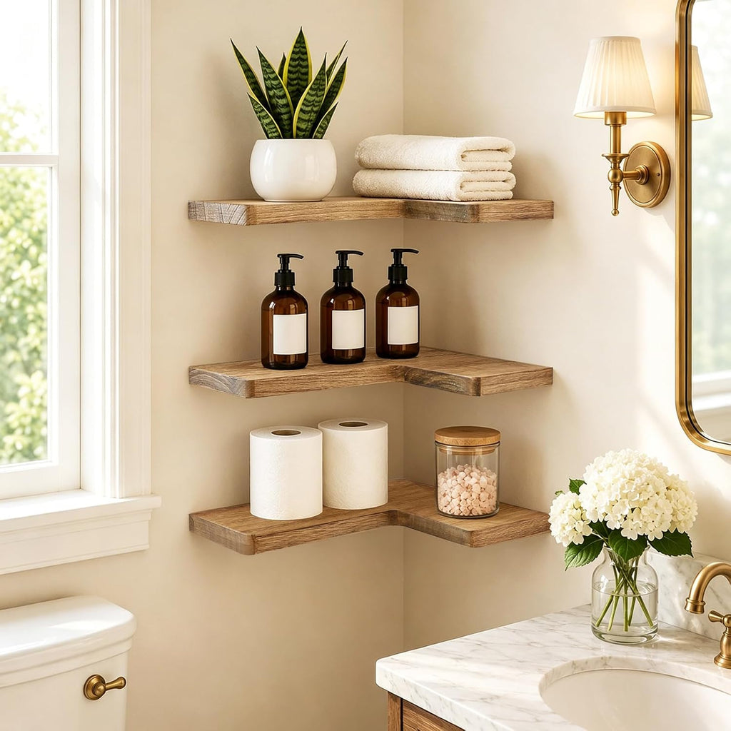 Solid Wood Corner Floating Shelves, L-Shaped, Oak, Set of 3 | Hidden Brackets, Space-Saving Wall Storage