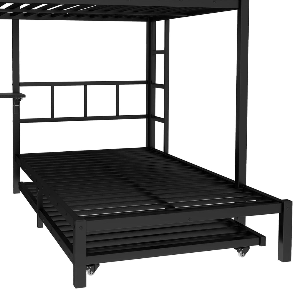Queen Over Twin XL bunk Bed with Foldable Desk and Wardrobe and Twin Trundle, loft Bed with Desk and Desk