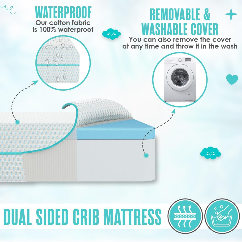 6" Crib Toddler Bed Mattress - Made in USA - Breathable Waterproof Washable | Dual Sided Cooling Memory Foam for