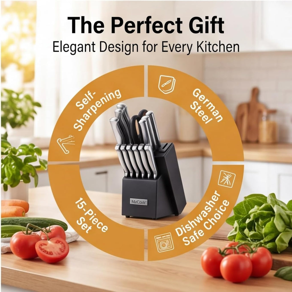 Knife Set Sharp Kitchen Knife Block Set w Built-in Sharpener | German Forged Stainless Steel,15 PC,Razor