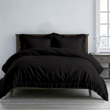 3 Pc Black Ruffle Trim Duvet Cover Set Size -100% Egyptian Cotton 600 TC Frilled, Bohemian-Vintage French