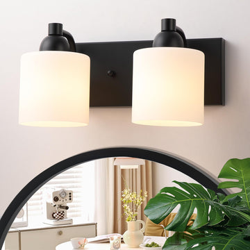 Milk Glass Vanity Lights, 2 Light Matte Black Bathroom Light Fixtures Over Mirror, Ceramic E26 Sockets Wall Mounted