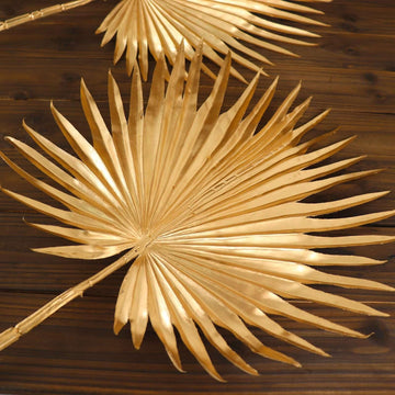 2 Pack 34 inch Shiny Metallic Gold Artificial Fan Palm Leaf Stems, Tall Faux Tropical Foliage for Stately Floor Vases