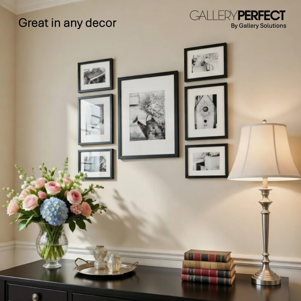 Multi-Size Picture Frame Set 7 Pack, Black Gallery Wall Frames with Hanging Hardware, Clear Glass - One 12x16, Two
