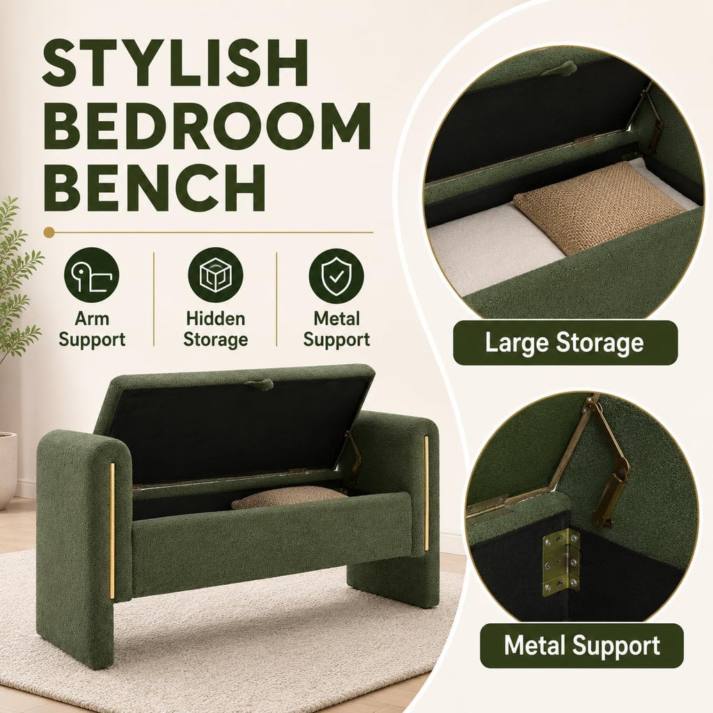 Modern 52" Storage Ottoman Bench, Upholstered End of Bed Storage Bench with Armrests, Entryway Bench, Teddy Foot Rest