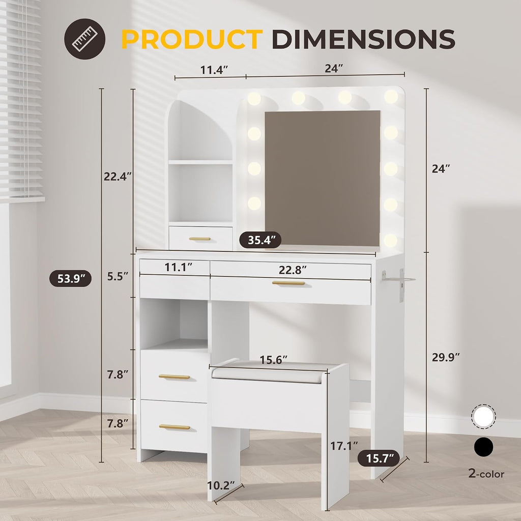 Vanity Desk with LED Lighted Mirror&Power Outlet, 3 Lighting Colors Makeup Vanity Desk with 5 Large Drawers and 3