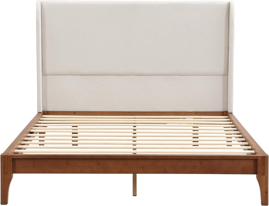 Queen Wingback High Headboard, Upholstered Linen Fabric Headboard, Bamboo Wood, Easy Assembly, 48''H, Tan