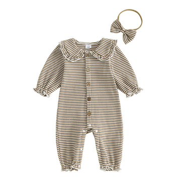 Baby Girl Romper Striped Waffle Knit Collared Onesie Fall Newborn Outfit (Coffee, )