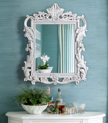 White Baroque Mirror - 26.3'' x 32.6'' Vintage Decorative Mirror with Ornate Lightweight PU Frame, Antique Mirrors