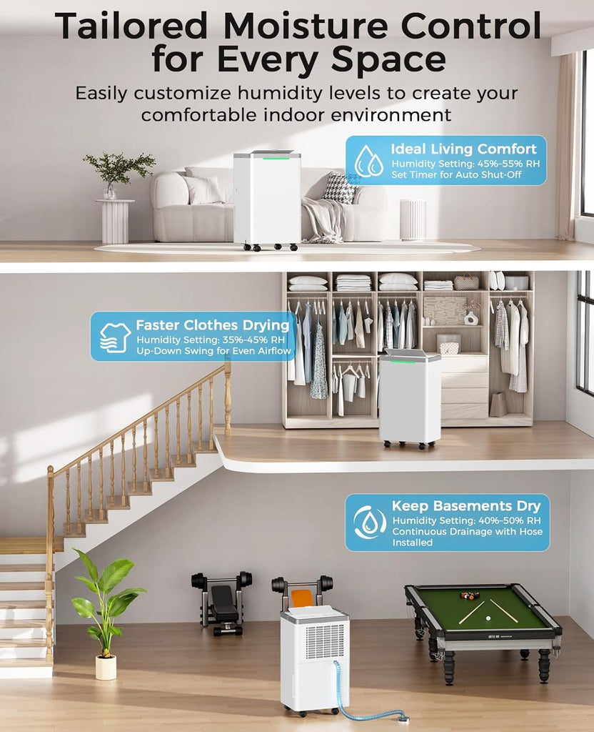 34 Pints/Day Dehumidifier for Basement, 2500 Sq. Ft Dehumidifiers for Home with Drain Hose