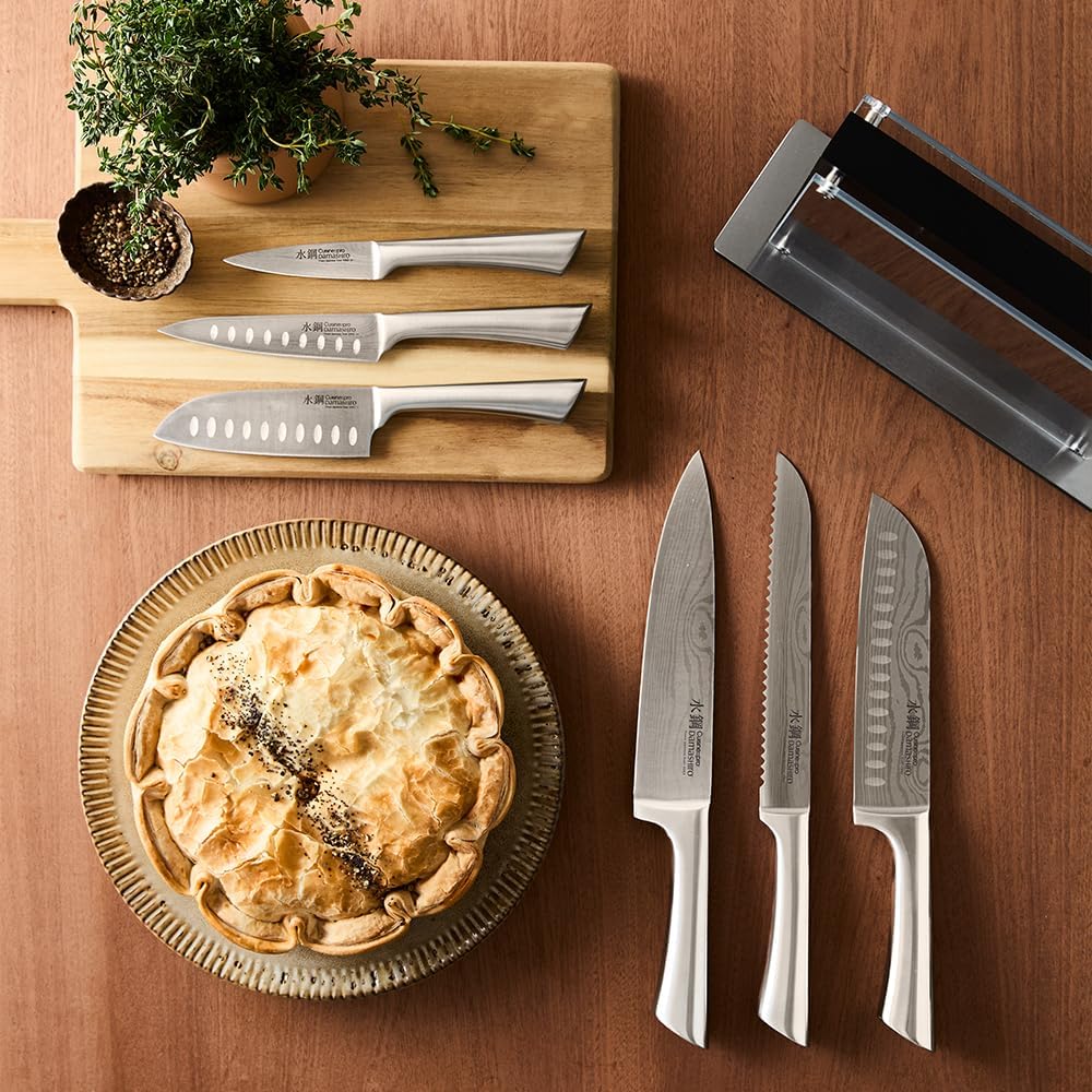 Damashiro Knife Block (Kumi, 7-Piece Chef Knife Set) - Japanese Steel Knife - Magnetic Knife Block- Damascus-Inspired