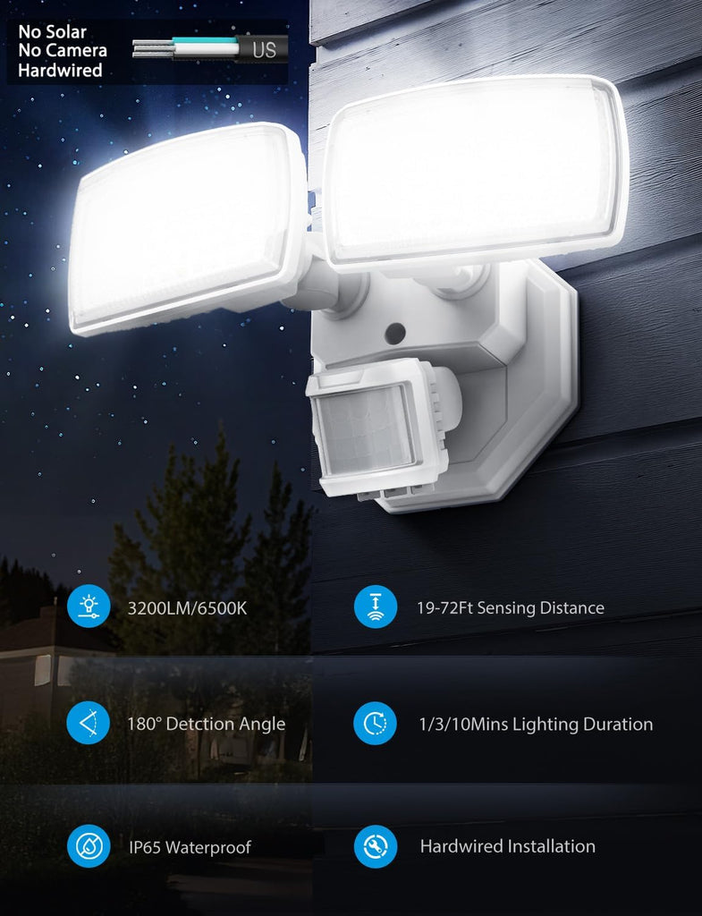 32W 2 Head Motion Sensor Outdoor Lights, 3200LM 6500K LED Security Light Hardwired, Dusk to Dawn, Motion Detector