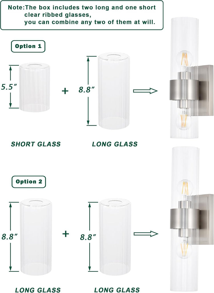 Bathroom Sconces Wall Lighting with Clear Ribbed Glass, Brushed Nickel 2-Light Bathroom Vanity Light Fixtures for