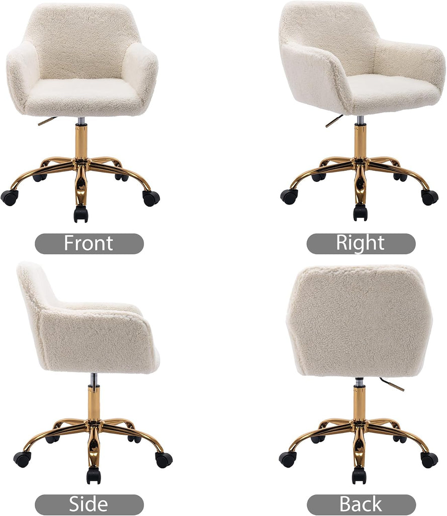 Faux Fur Office Desk Chair, Comfy Swivel Armchair with Wheels, Upholstered Fuzzy Vanity Chair, Adjustable Height, White
