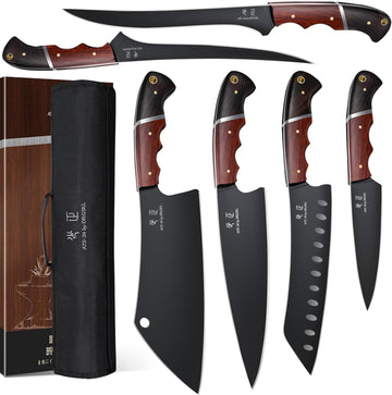 Kitchen Knife Set with Bag - 6 PCS Chef Knife Set with Wooden Handle | Japanese ATS-34 Steel, Full Tang, Ergonomic