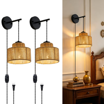 Rattan Plug in Wall Sconces 2 Pack with Dimmable Switch on 6.56FT Cord