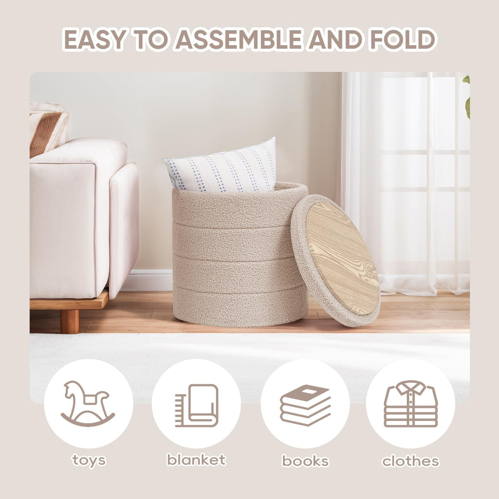 Round Folding Storage Ottoman, Beige Boucle Footstool