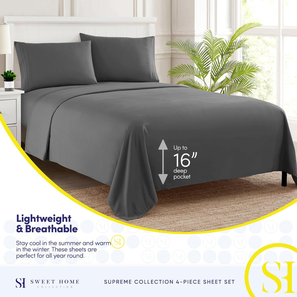 Queen Bed Sheets - Breathable Luxury Sheets with Full Elastic & Secure Corner Straps Built In - 1800 Supreme