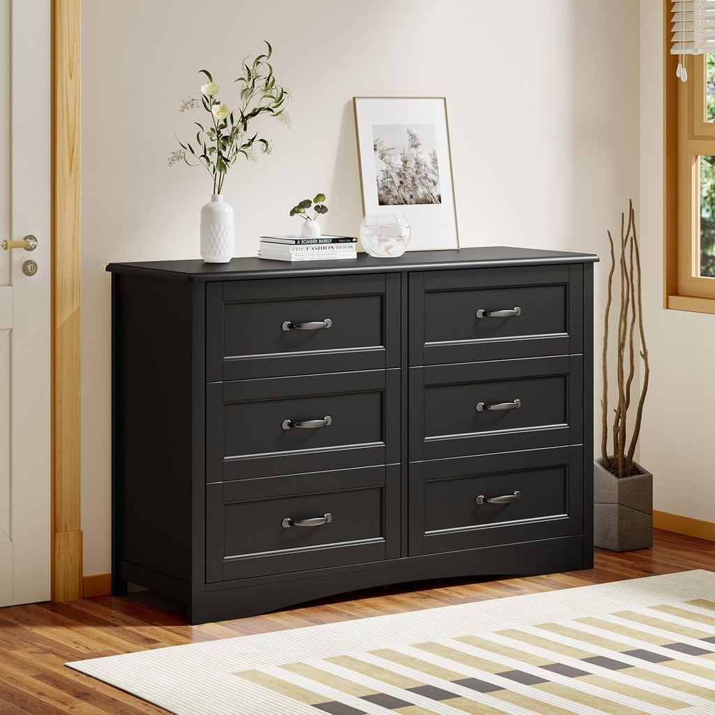 6 Drawer Dresser ,47'' Larger Chest of Drawers with Mental Handle for Kids Room, Black Dresser with 6 Storage Drawers