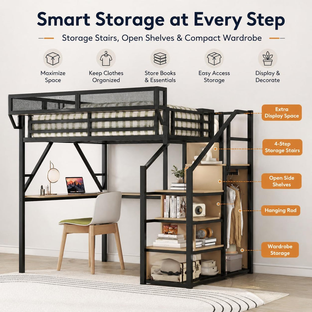Full Loft Bed with Desk and RGB Light, Metal Loft Bed Frame with Stairs and Bedside Shelf