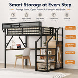 Full Loft Bed with Desk and RGB Light, Metal Loft Bed Frame with Stairs and Bedside Shelf