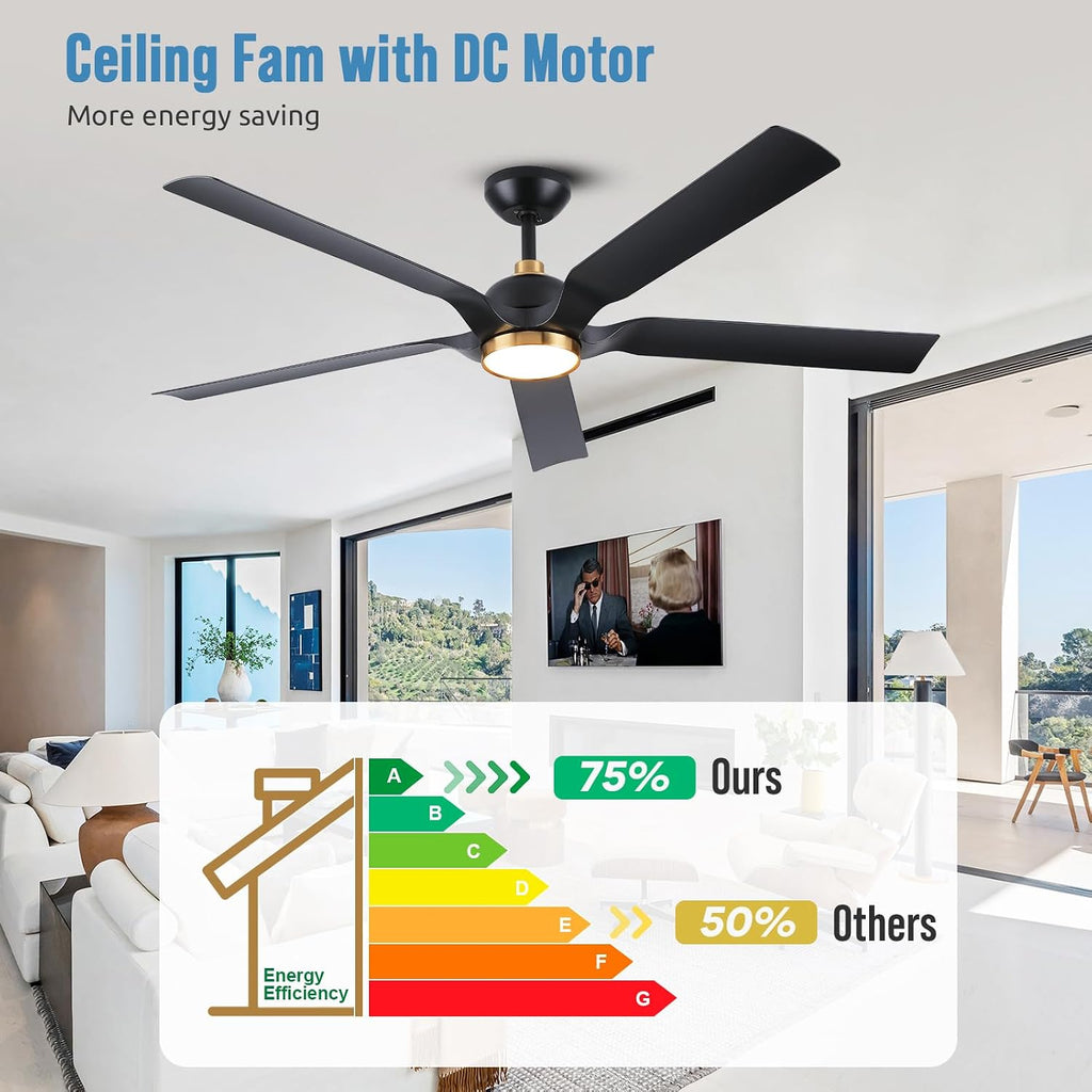 60 Inch Outdoor Ceiling Fan for Patios with Light, Black Gold Ceiling Fan with Long Downrods and Remote Control