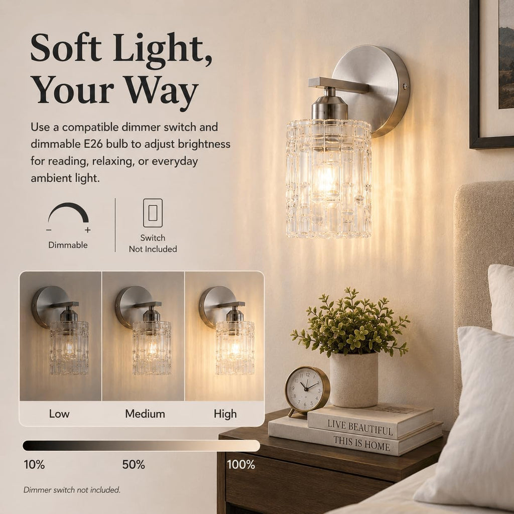 2-Pack Nickel Crystal Bathroom Vanity Lights, 1-Light Wall Sconce Fixture for Over Mirror, Modern Wall Mount
