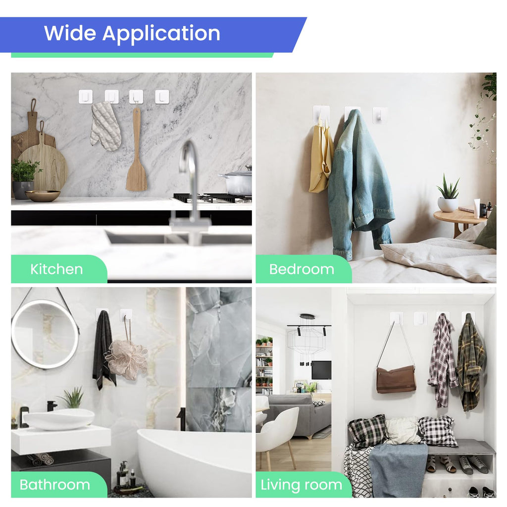 White Hooks for Hanging Heavy Duty, Adhesive Hooks for Shower, Bathroom, Kitchen, Robe, Towel, Coat, Waterproof &