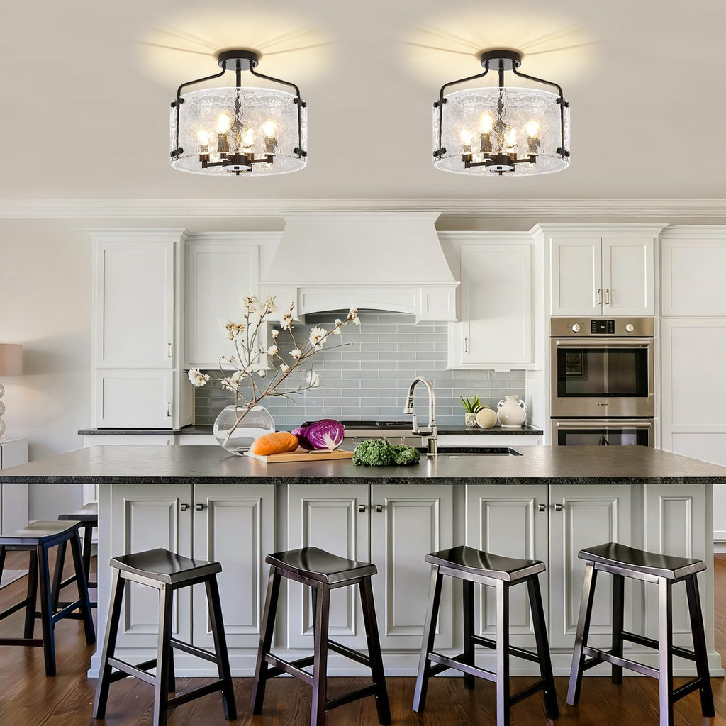 4-Light Modern Black Semi Flush Mount Ceiling Light, 15.35" Thick Hammered Glass Entryway Light Fixture Drum