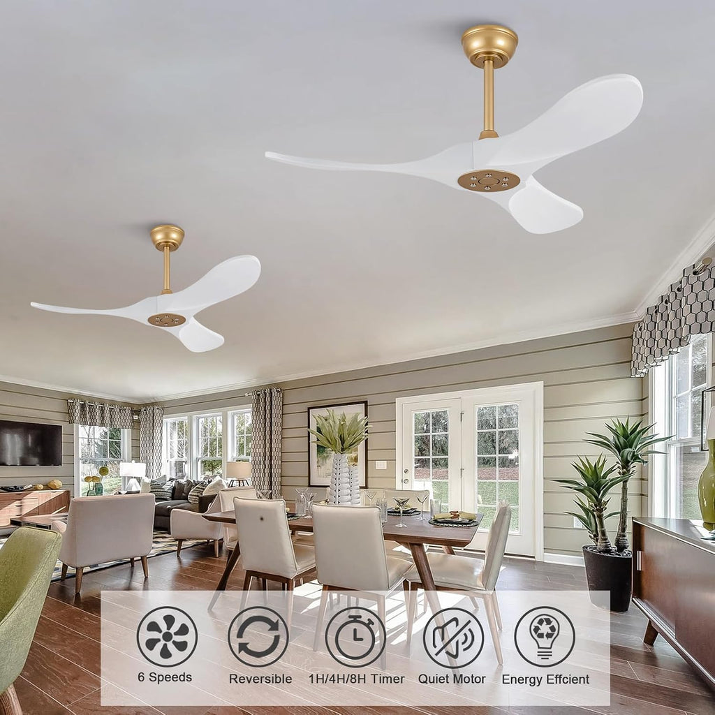 Inspired Maverick Style 42 Inch Solid Wood Ceiling Fan with Remote,White and Gold, no Light, 6 Speeds, Reversible DC Motor, Modern Ceiling Fans Without Lights for Outdoor Indoor Bedroom Farmhouse,Patios