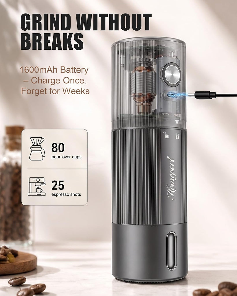 Upgraded Faster Electric Coffee Grinder, Stainless Steel Burrs, Gray | Cordless Coffee Mill, 1600mAh Rechargeable