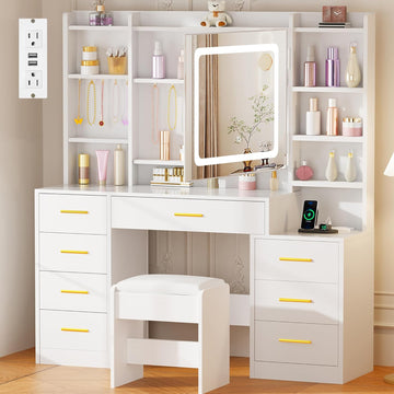 Large Makeup Vanity Desk with Lights,12 Hooks and Cushioned Stool | White Vanity Table with Power Outlet,3 Lighting