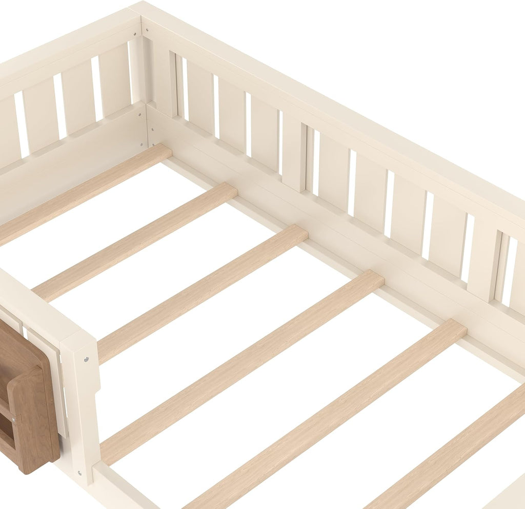 Twin Size Floor Bed with high Rails and with Built-in Bookshelf for Kids, Girls, Boys, Wood Montessori Floor Bed
