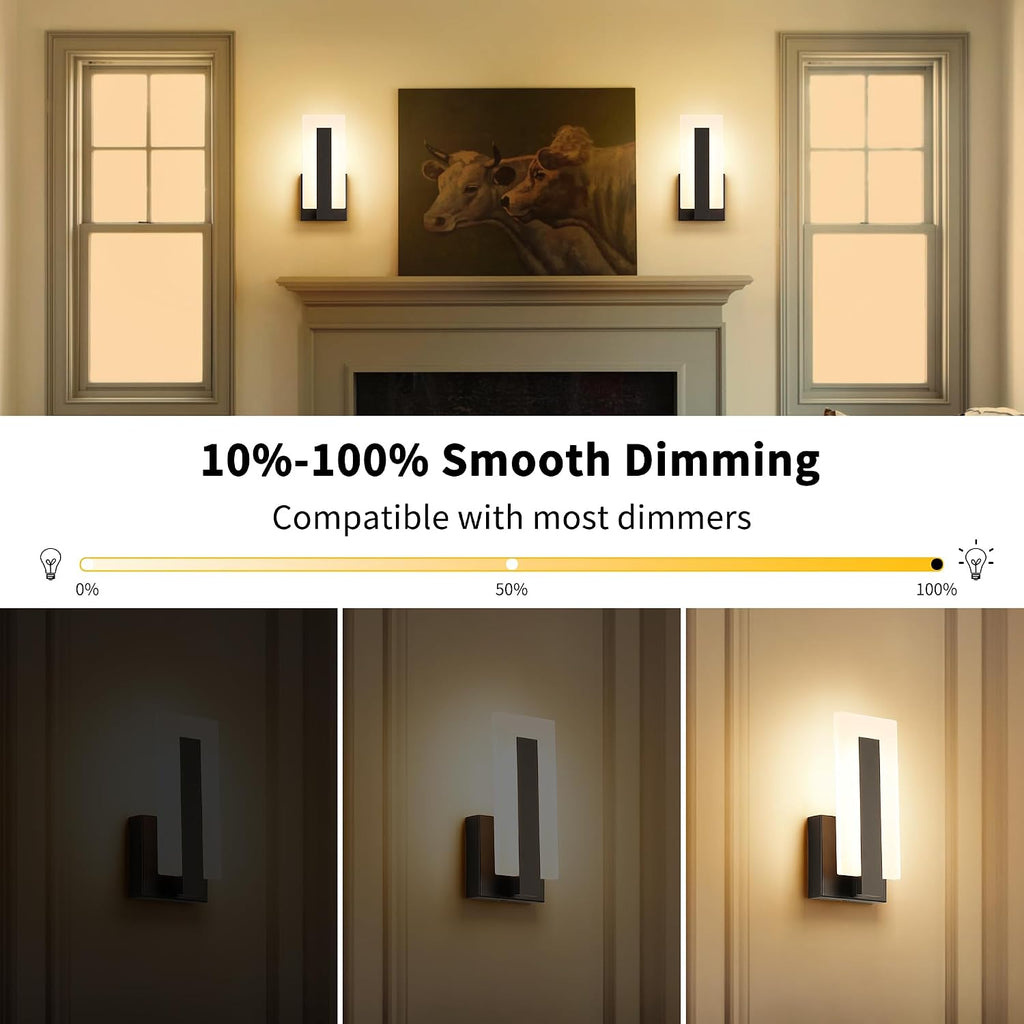 Modern LED Wall Sconce Dimmable Wall Mounted Lamp Set of 2, Black 3000K Warm White Wall Lamp, Hardwired Bathroom