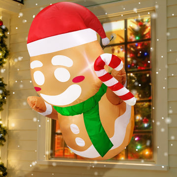 Christmas Inflatable Gingerbread Man Broke Out from Window, Built-in Bright LED Lights 3.5FT Blow Up Xmas Decor