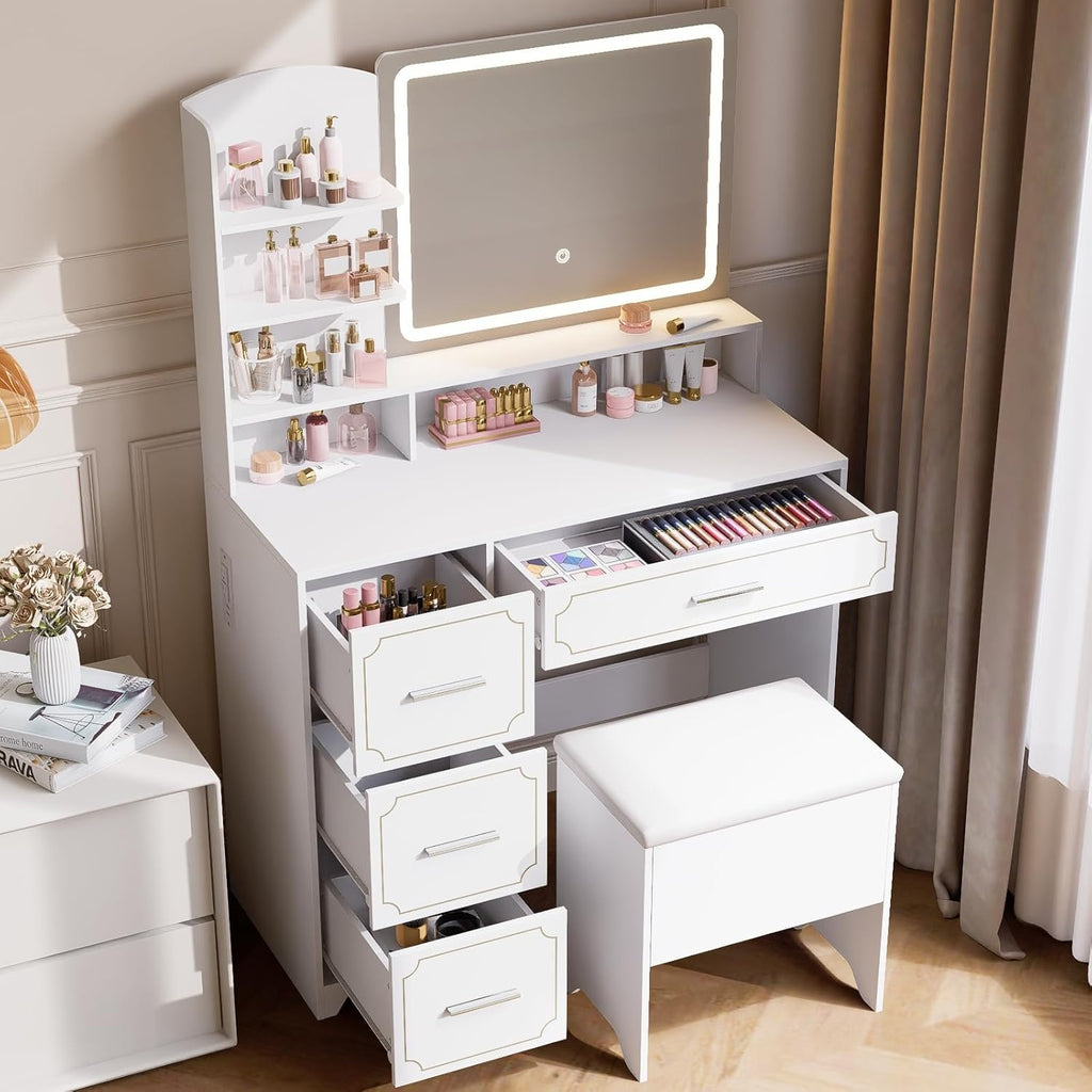 Vanity Table with LED Mirror & Power Outlet - 5 Open Shelves, 4 Drawers - Includes Padded Stool - Ideal Bedroom