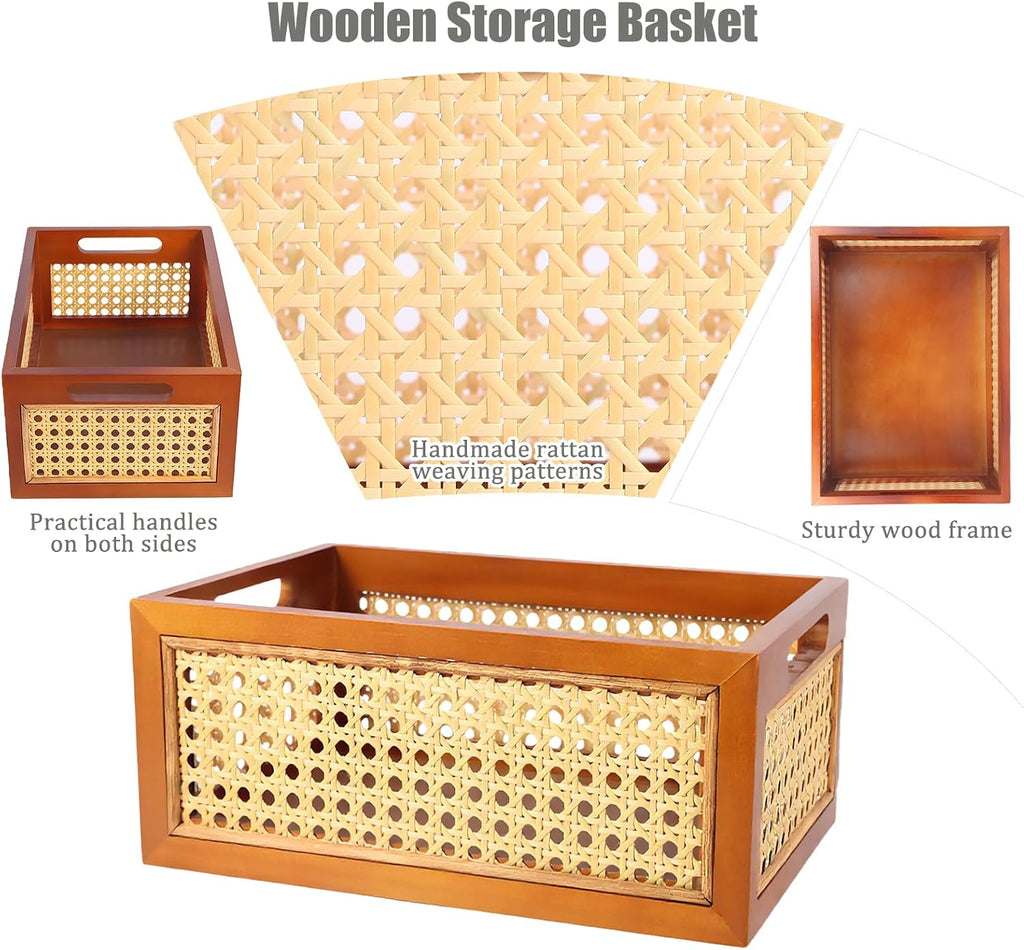 Rattan Storage Baskets Set, Wooden Frame with Woven Cane Design, Nesting Organizer Bins Bedroom Bathroom Kitchen