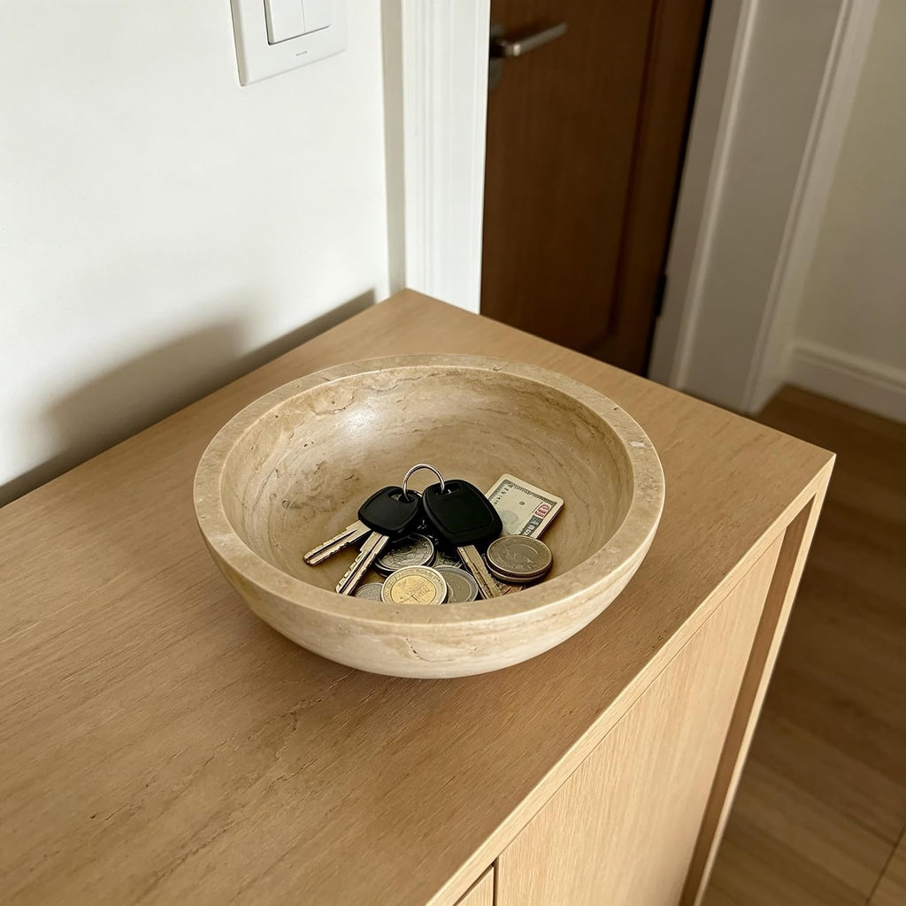Travertine Bowl, 6" Natural Stone Decorative Bowls Table, Catchall Tray for Keys & Jewelry, Fruit Bowls Counter