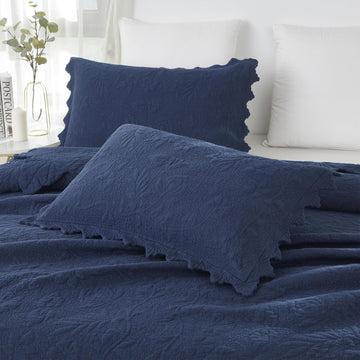 Standard Size Quilted Pillow Shams Cotton Set of 2 Navy Blue Vintage Farmhouse Scallop Edge Decorative Pillow Covers