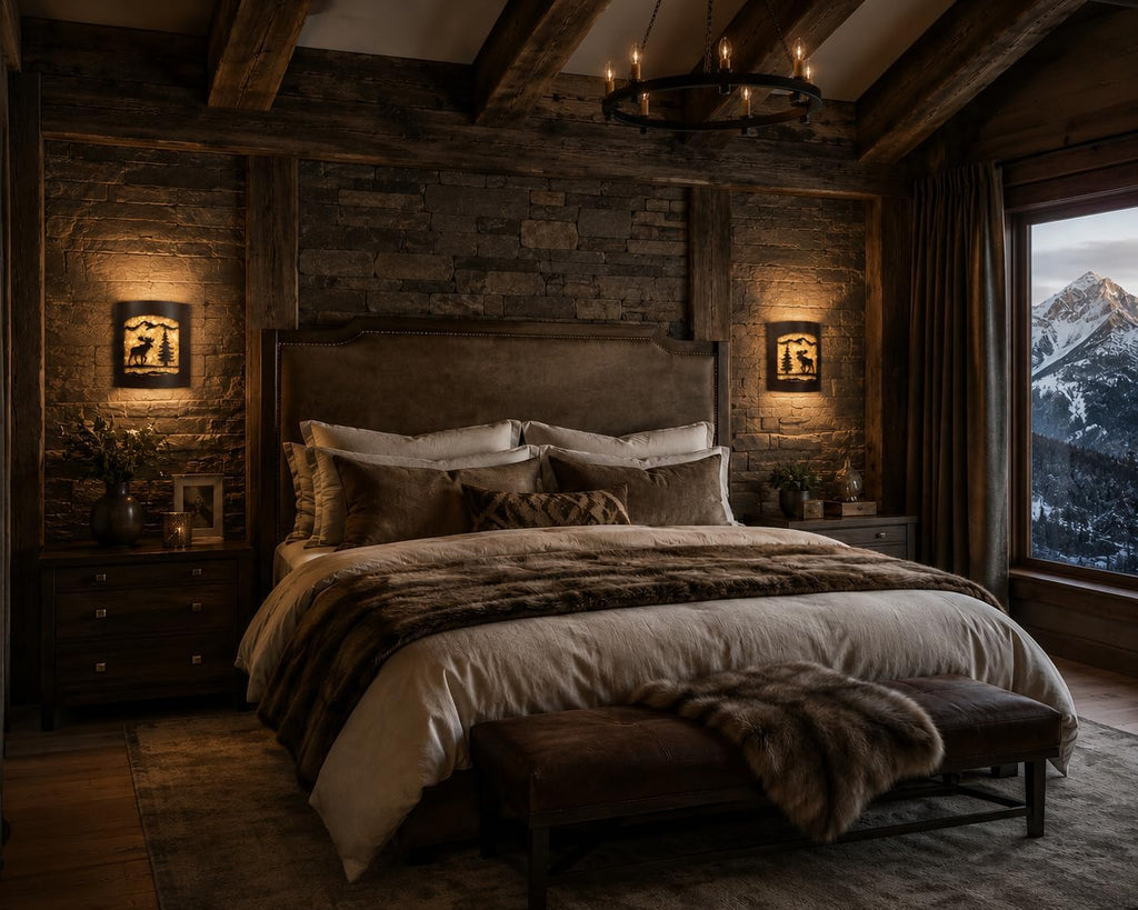 Rustic Moose with Pine Tree Wall Sconce Pair | Frosted Amber Glass, Burnished Bronze Metal, Lodge Cabin Decor