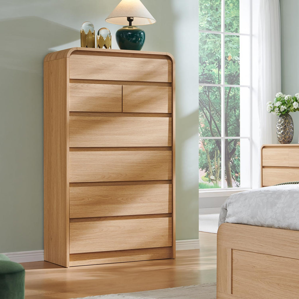 Modern 7 Drawers Dresser , 55" Tall Dressers & Chest of Drawers w/Curved Profile Design, Wood Mid Century Vertical
