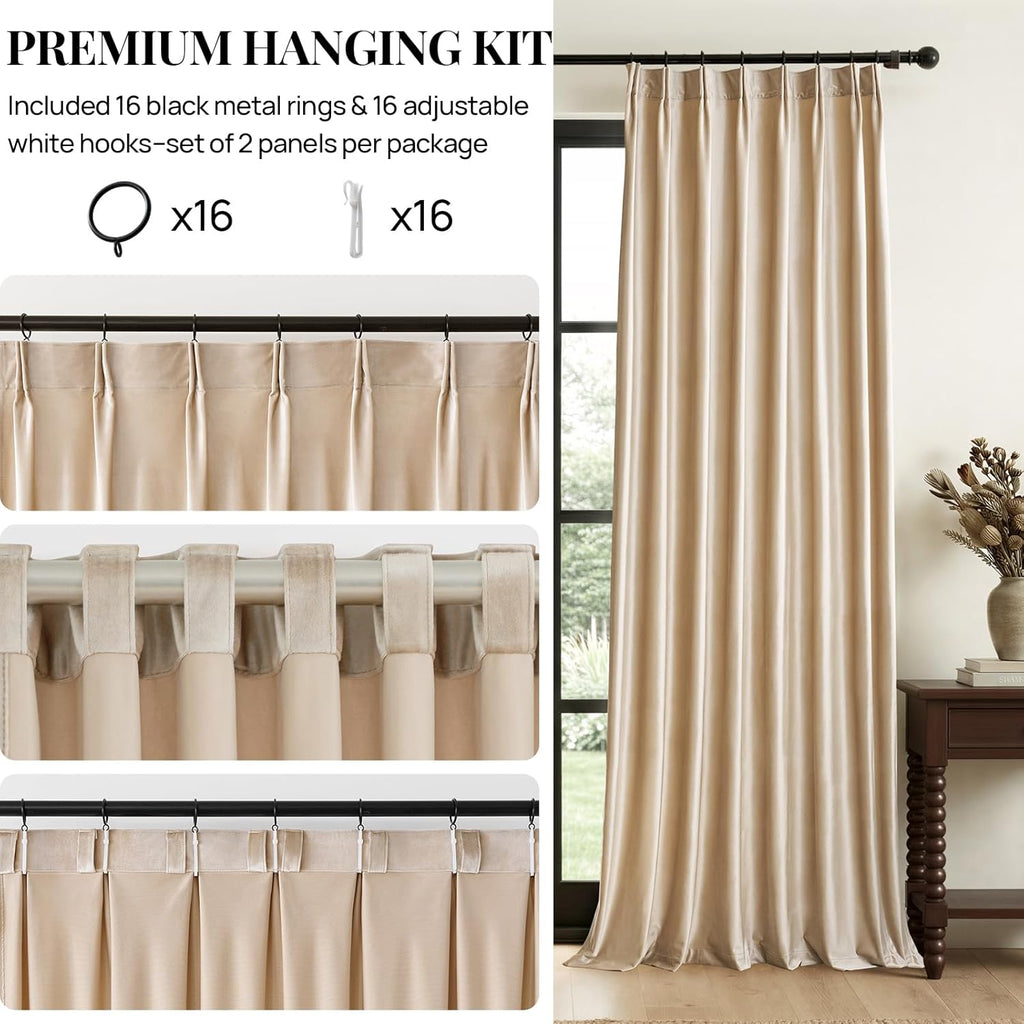 Beige Champagne Velvet Curtains 90 Inch: Pinch Pleated 2 Panels Luxury Living Room Darkening Thermal Insulated Drapes - Set of 2