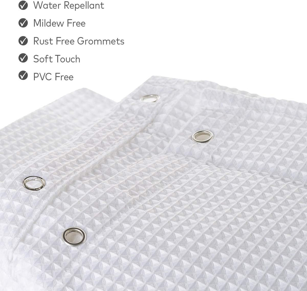 Waffle Fabric White Shower Curtain with Liner Set - Includes Free Clear Liner, Decorative Shower Curtain Set