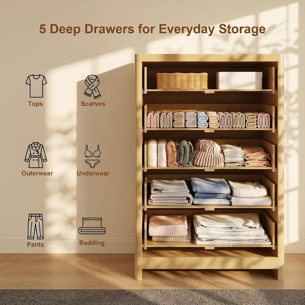 Fluted 47" Tall Dresser with 5 Drawers, Modern Chest of Drawers with Metal Handle & Deep Storage, Wood Closet Clothes