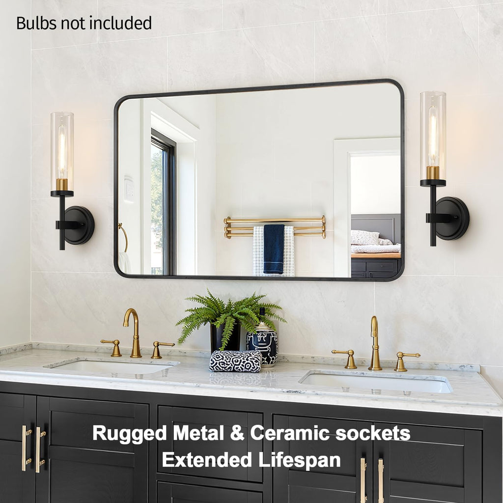 Hardwired Wall Sconces Set of Two, Black and Gold Bathroom Sconces with Clear Glass, Modern Wall Light Fixtures