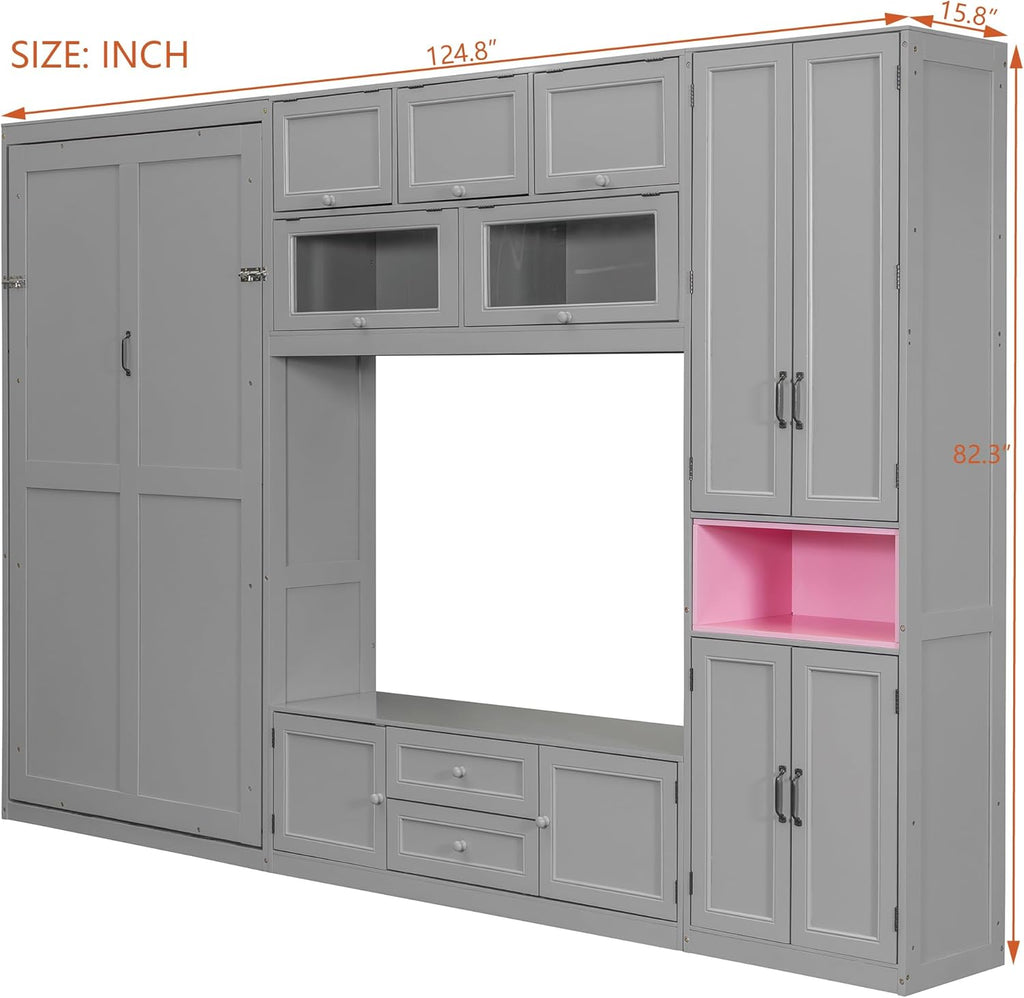 Twin Wooden Murphy Bed with TV Stand, Space-Saving Wall Bed Frame with 2 Drawers, Shelves, Cabinets, Foldable
