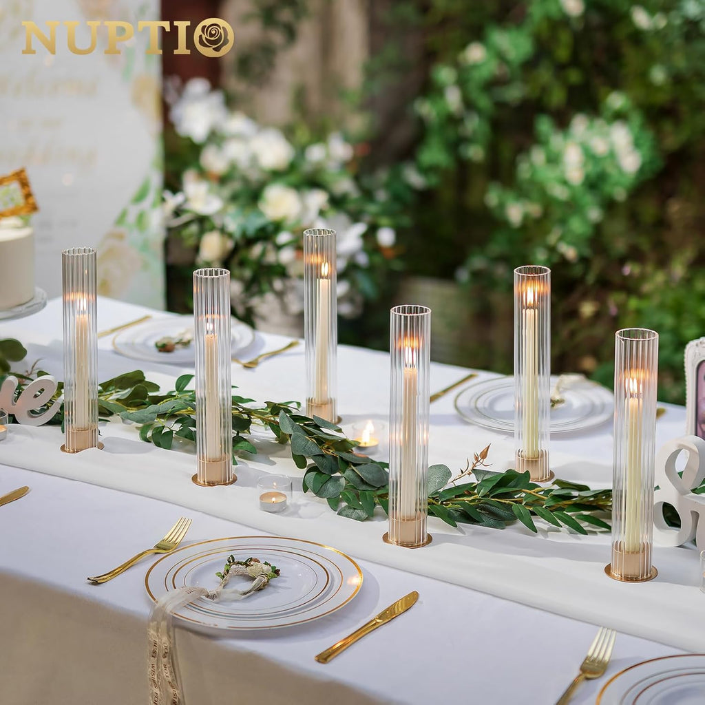 Hurricane Candle Holder for Centerpiece: Set of 10 Metal Taper Candle Holders with Fluted Glass Cylinders - Gold