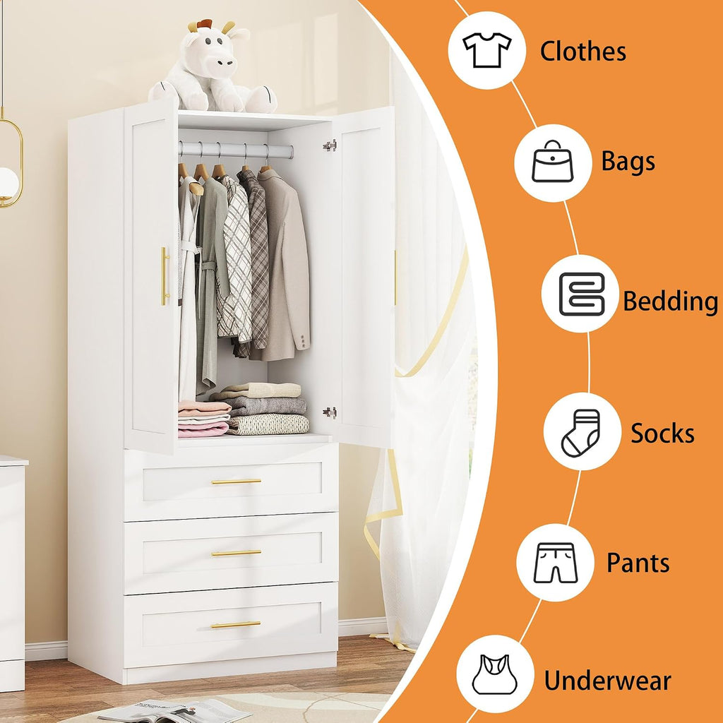 White Armoires Wardrobes Closet:Bedroom Armoire Wardrobe Closet with Hanging Rod, Modern Wardrobe Cabinet with